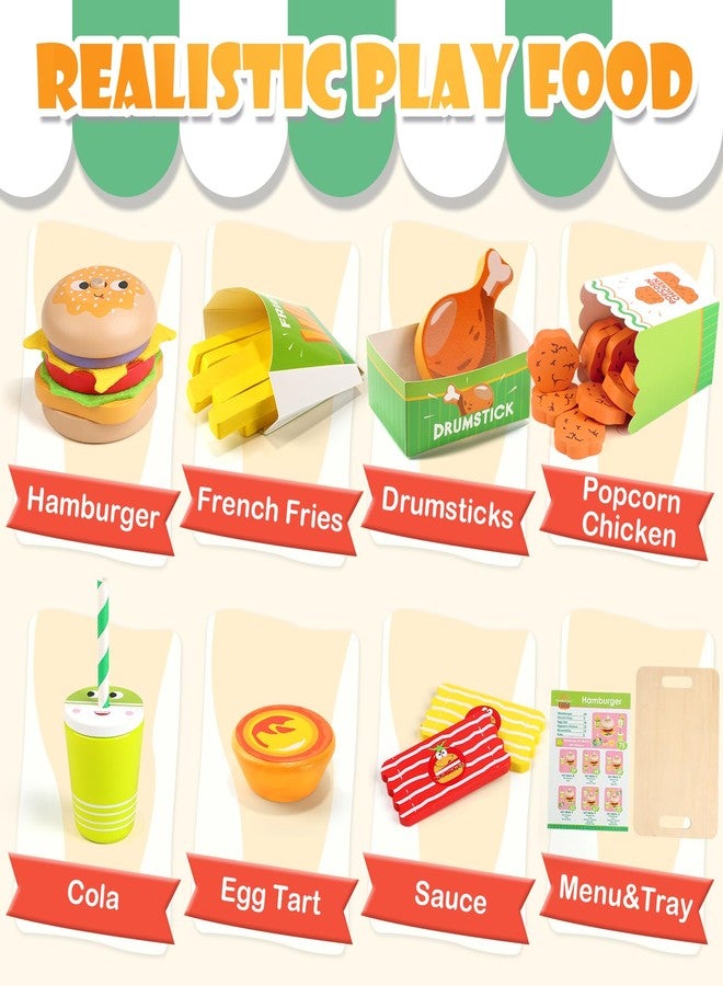 Gserin Wooden Hamburger Play Food Set for Kids, Fast Food Playset with Tray, Pretend Play Kitchen Accessories for Toddlers - Image 3